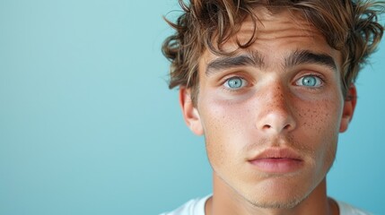 Fototapeta premium Young man with a confused expression standing against a solid studio background