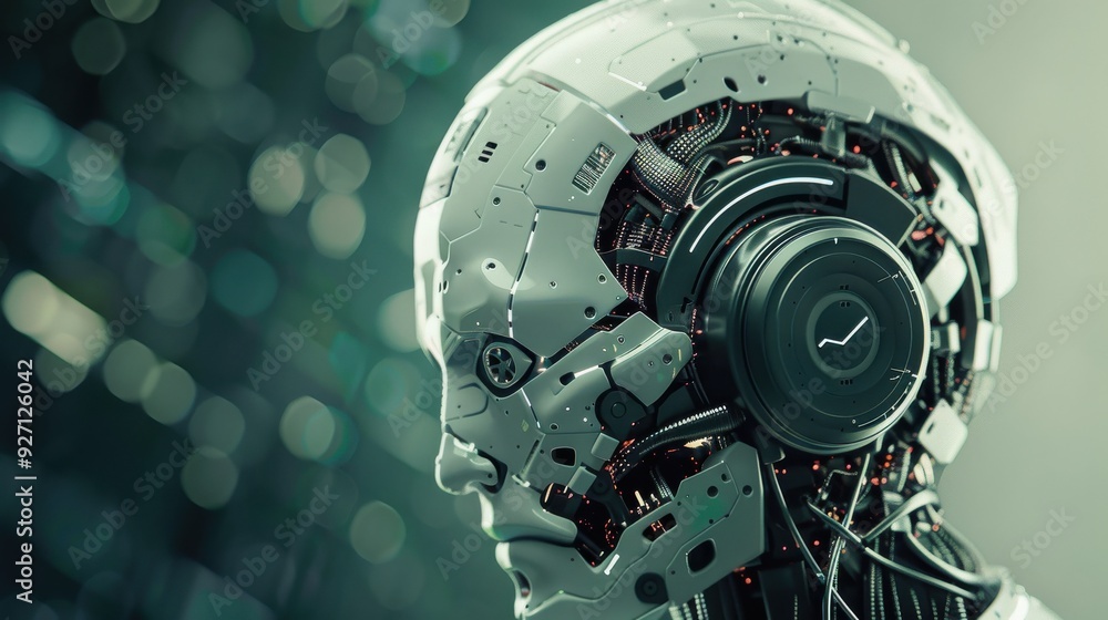 Aufkleber the head of a white robot is shown in profile against a blurry green background. the robot has a det