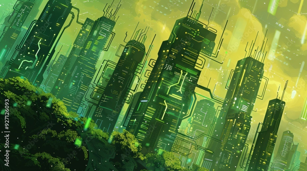 Poster a digital illustration depicting a futuristic cityscape with towering structures resembling circuit 