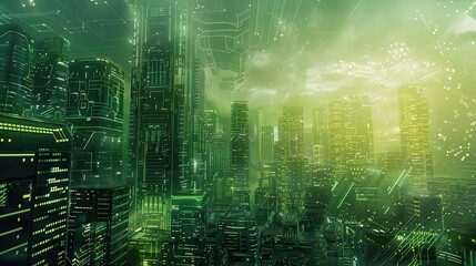 Naklejka premium A digital rendering of a futuristic cityscape, illuminated by bright green lights, with a faint glow emanating from the tall skyscrapers. The city is shrouded in a hazy green fog, with clouds and circ