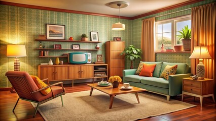 Cozy and compact 1960s living room featuring retro furniture, TV, and decor , vintage, 1960s, living room, cozy, compact, retro