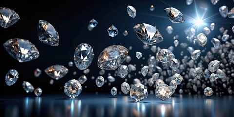 Falling diamonds in various shapes and sizes against a dark background, diamonds, falling, precious, gems, shiny, bright
