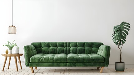 mockup of an interior house with a plain white background. green plaid on a grey velvet sofa. contemporary spatial idea.