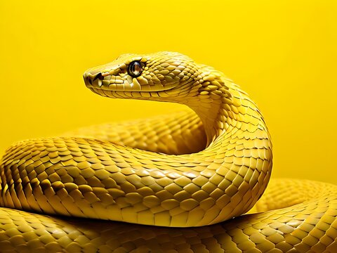 Yellow snake on a yellow background symbolizing Python programming language with ample copy space.