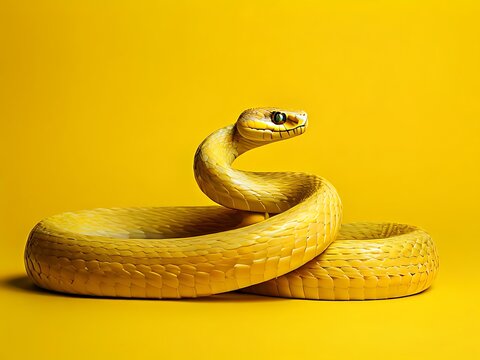 Yellow snake on a yellow background symbolizing Python programming language with ample copy space.