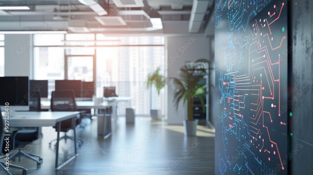 Aufkleber A bright, modern office space with large windows and a minimalist design. The focus of the image is a large wall-mounted display featuring a blue and red circuit board design, suggesting a tech-focuse