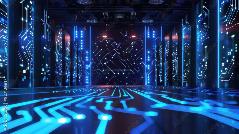 Poster a computer server room with sleek black servers lining the walls. the servers are adorned with glowi