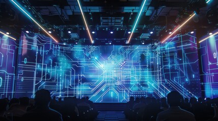A large audience watches a presentation featuring a digital display of circuitry against a dark background. The display is illuminated with blue and white lights.