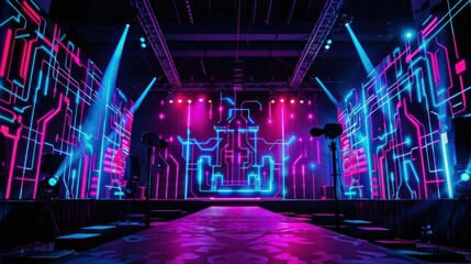 Fototapeta premium A stage is set up in a dark concert hall or event space with neon blue and pink lighting, a brightly lit walkway, and a backdrop of illuminated circuit boards.