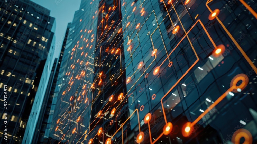 Poster a modern city skyscraper, viewed from below, with an illuminated circuit board pattern reflected on 