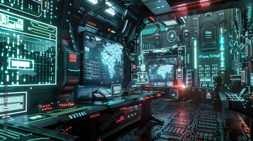 Poster a futuristic control room with multiple monitors displaying world maps and data, a single operator i