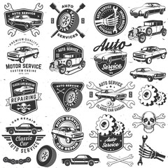 Naklejka premium Set of auto service logo, emblems, badges and icons. Vector. Service car repair, restoration and car club design elements.
