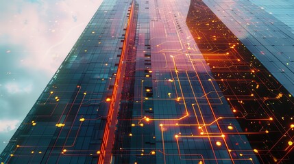 A low-angle view of a tall, modern skyscraper in a city. The building is made of glass and steel and is illuminated by orange and yellow lights. There is a digital network overlay on the building, dep