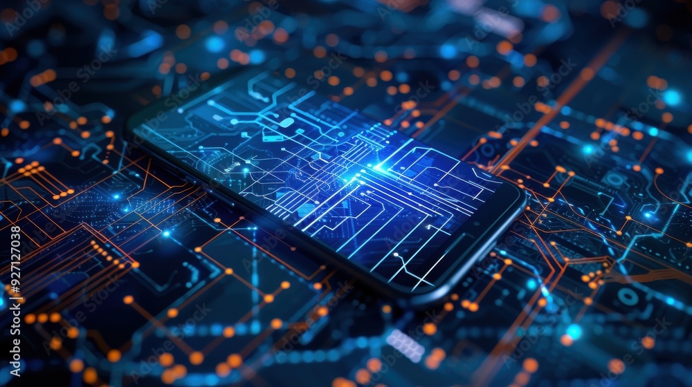 Poster a smartphone lies on a circuit board, with the screen displaying a similar pattern of lines and node