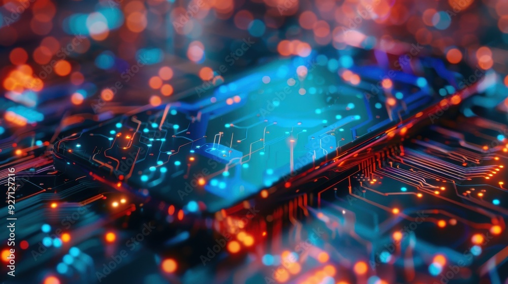 Poster a detailed close-up of a circuit board, showcasing intricate pathways and glowing lights in shades o