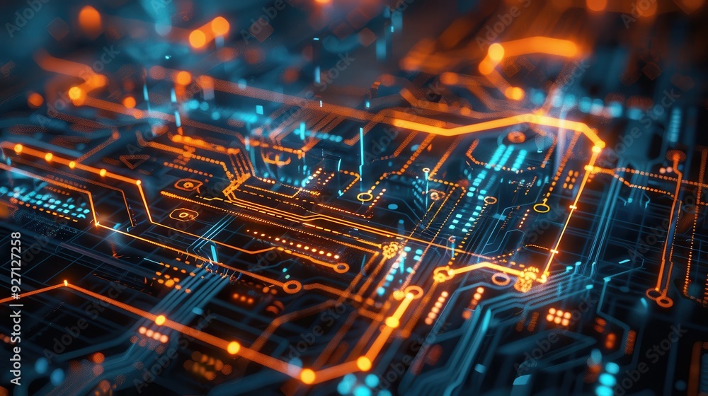 Poster a detailed, close-up view of a circuit board with glowing orange and blue lights. the image captures