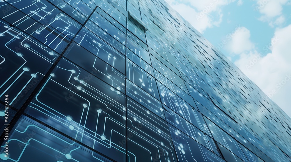 Poster the image shows a close-up view of a modern building's facade, with its glass panels decorated with 