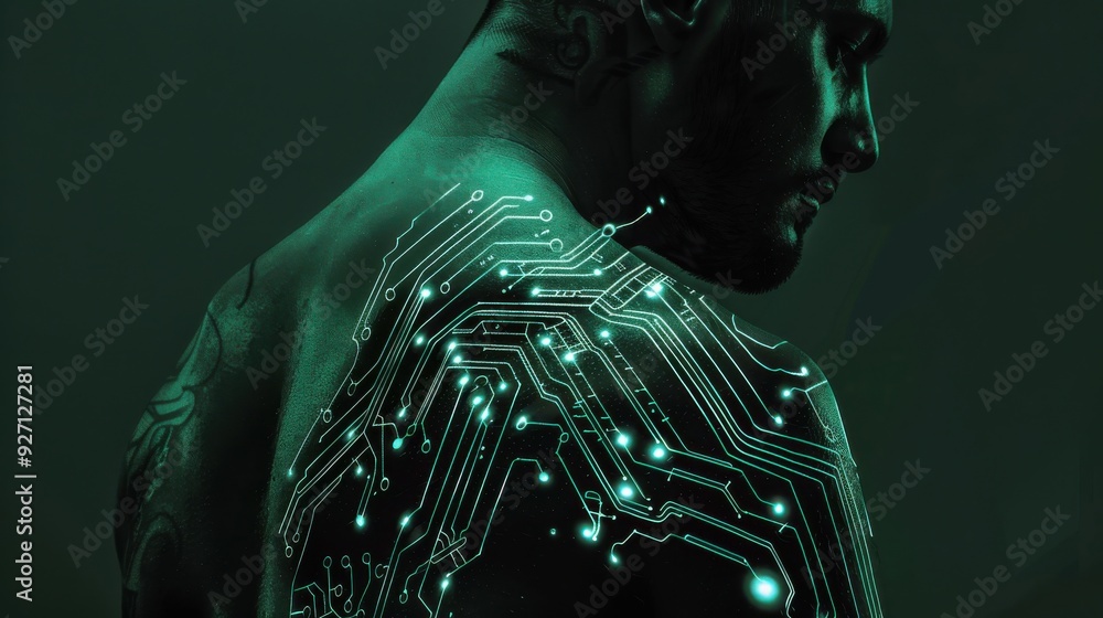 Poster a man is shown from the back, with a green circuit board pattern glowing on his skin. the image has 