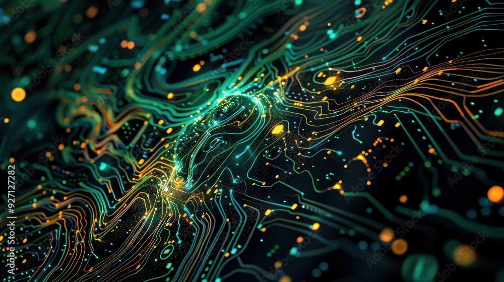 Aufkleber a close-up image of a digital circuit board with glowing green and orange lights. the board is abstr