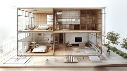 Fototapeta premium Blueprint of a modular housing project, focusing on the flexible layout and efficient use of space Layout Engineering, Modular housing design