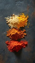 Colorful Indian spices in vibrant piles on dark stone surface