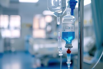 A hospital room with a blue IV bag hanging from a pole