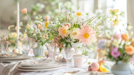 A white tablecloth covers a table set with white plates and glasses. A large vase overflowing with pastel-colored flowers sits in the center of the table, and a smaller vase with colorful flowers sits
