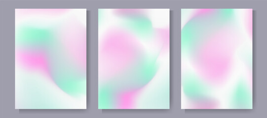 Naklejka premium Soft pastel gradient background. Pink mint green white girly and kids pastel color happy background template set for cover, poster, wallpaper, flyer, web design. Blurred fantasy fairytale backdrop