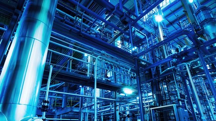 Fototapeta premium Neon-lit Futuristic Industrial Plant Showcasing Automation Technology Integration in Modern Business Operations