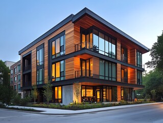 Naklejka premium Mixeduse development with innovative, ecofriendly materials and a balance of residential and commercial spaces Aesthetic Urban Design, Mixeduse architecture