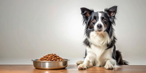 Border collie sitting next to a bowl of dog food granules, border collie, pet, dog food, granules, bowl, feeding, mealtime, canine