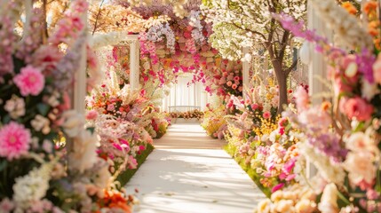 A white aisle lined with pink and white flowers leads to a ceremony space. The aisle is framed by columns and arches of flowers. The scene is bright and sunny, with a white backdrop in the distance.
