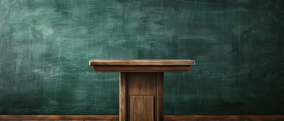 Wooden Podium in Front of Chalkboard.
