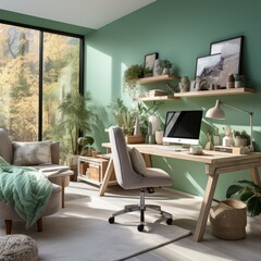 Fototapeta premium Photorealistic Boho Home Office Featuring Eclectic Decor