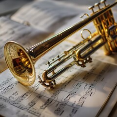 Music instruments, An elegant array of brass instruments lying atop sheet music, Music concept