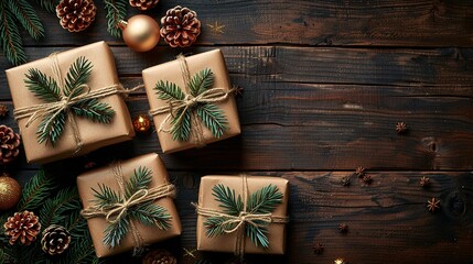 A round Christmas gift box with vintage decorations and fir branches is set on a rustic wooden desk table.