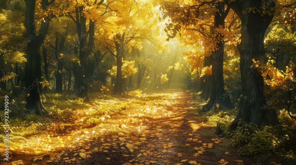 Poster a forest path winds through a dense stand of trees with golden leaves. the morning sun shines throug