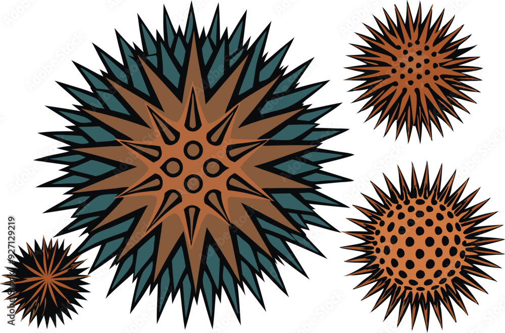 Poster abstract spiky shapes in earthy tones create a visually striking design element.