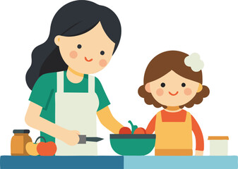 Woman and child cooking together in a kitchen, preparing fresh ingredients