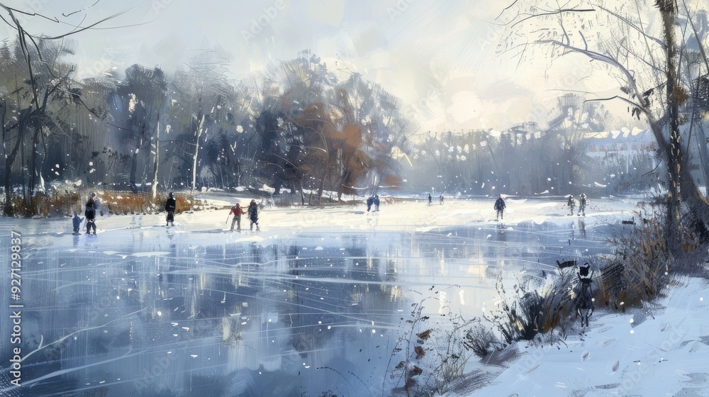 Poster a group of people ice skate on a frozen lake surrounded by snow-covered trees and a clear blue sky. 
