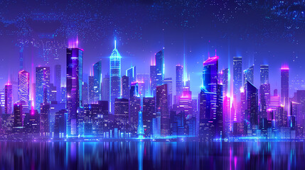 Obraz premium a picture of a city skyline at night with tall buildings and neon lights.