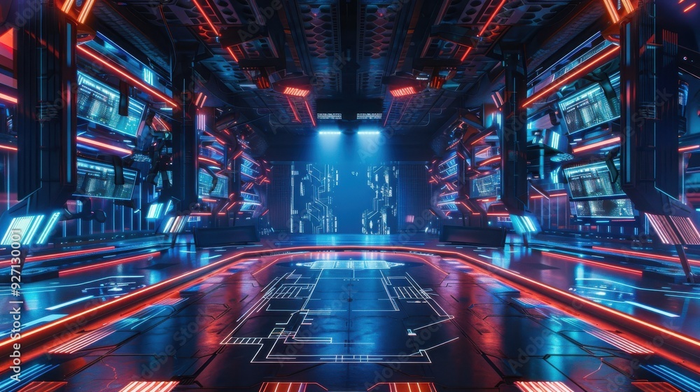 Poster A futuristic, neon-lit corridor with red and blue lighting. The walls are lined with glowing screens and intricate designs. The floor is reflective and features a complex pattern of glowing lines. The