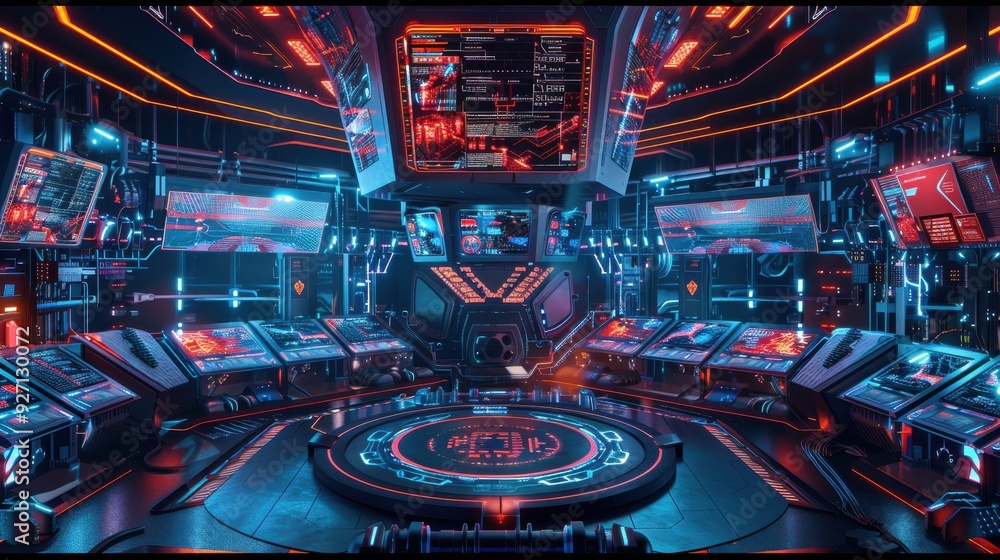 Leinwandbilder a futuristic control room with red and blue lighting features a circular platform in the center. the
