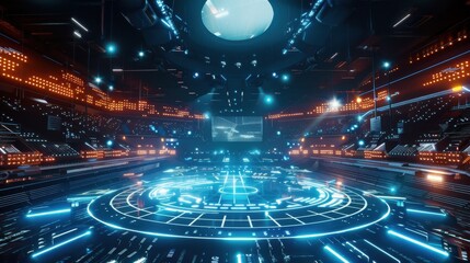 Obraz premium The image shows a futuristic stage with a circular platform in the center, illuminated by bright blue neon lights. The stage is surrounded by rows of orange lights and a large, dark screen at the back