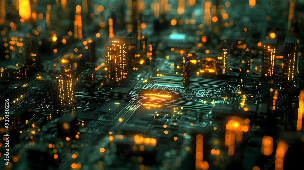 Poster intricate circuit design illustrates rapid data transmission in virtual environment