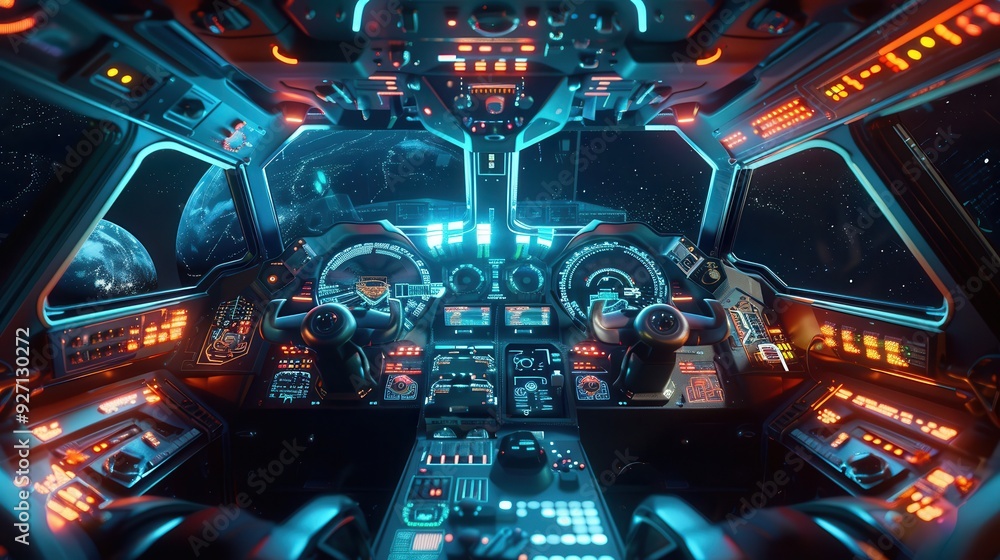 Poster the interior of a sleek, futuristic spaceship cockpit with glowing blue and red lights on the dashbo