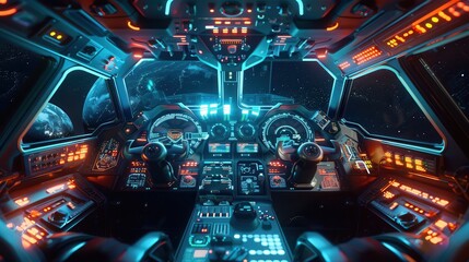 The interior of a sleek, futuristic spaceship cockpit with glowing blue and red lights on the dashboard and control panels. Through the large windows, a distant view of Earth can be seen against a bac