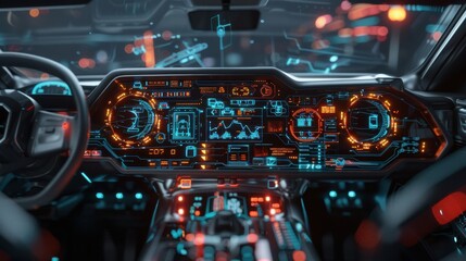 The interior of a futuristic car with a digital dashboard displaying various readings. The driver's seat and steering wheel are visible, as well as city lights in the background. The dashboard is illu