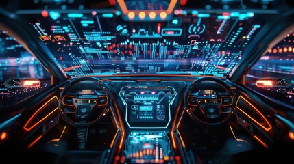 The interior of a futuristic car is illuminated with colorful neon lights, displaying a digital dashboard with various information and graphics. The driver's perspective shows a view of a city skyline