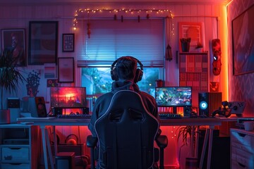 Obraz premium Visual representation of a professional esports streaming studio with neon-lit ambiance.
